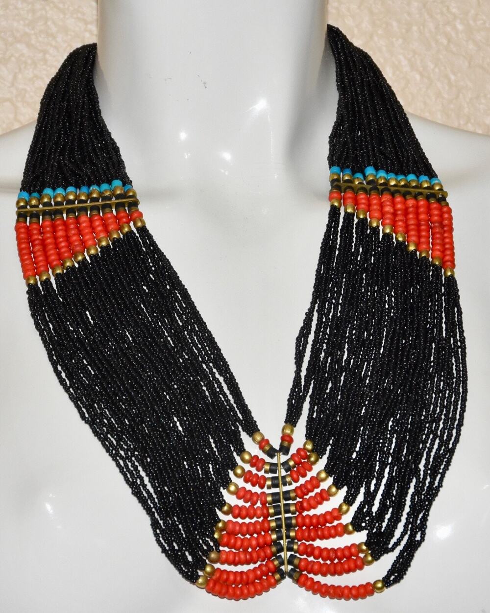 Antique Konyak Naga Tribal Heavy Red Black Blue Multi-strand Glass Bead Necklace